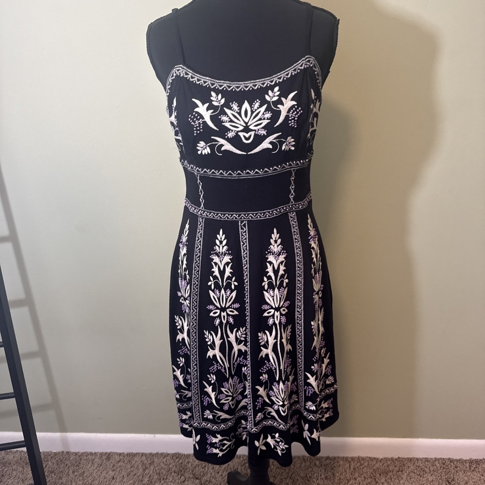 International Concepts Boho Sundress Beaded Embroidered Black Purple Ivory Mediu